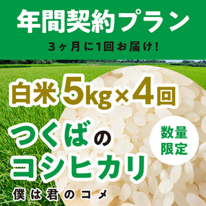 年間契約プラン【2025年新米】【白米5kg×4回（計20kg）】農家直送つくばの低農薬コシヒカリ「僕は君のコメ」（8月末までの申し込み限定・数量限定）